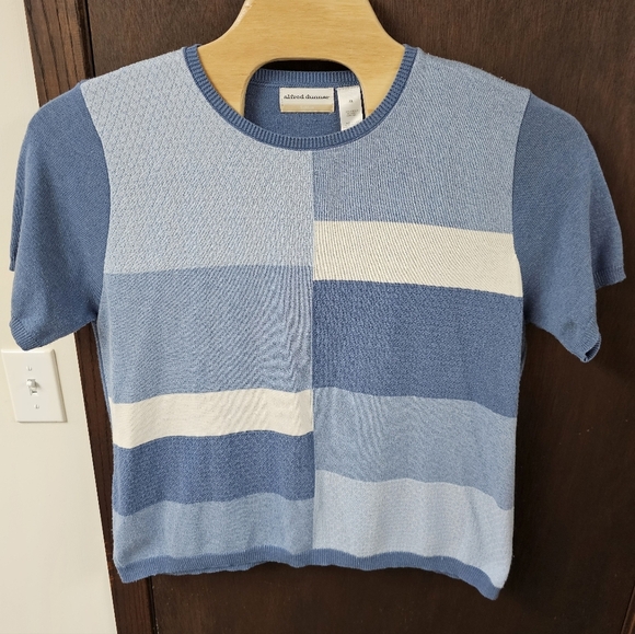 Vintage Blue & White Patchwork Short Sleeve Sweater Alfred Dunner 3X - Picture 1 of 4